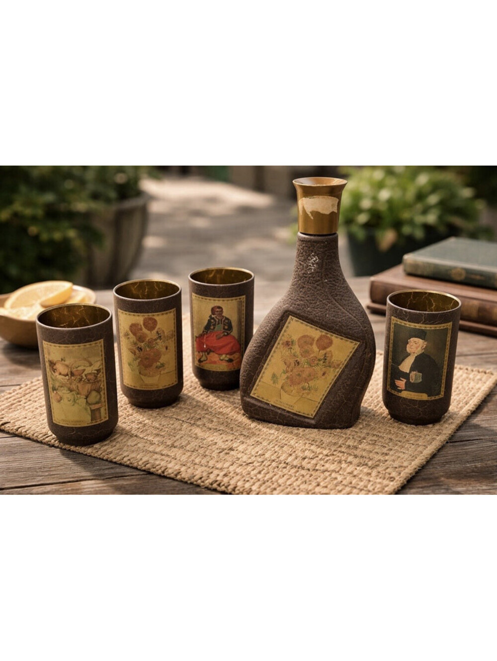 Vintage Ceramic Decanter Set w/ 4 Cups Brown Beige Figural Barware 5pc